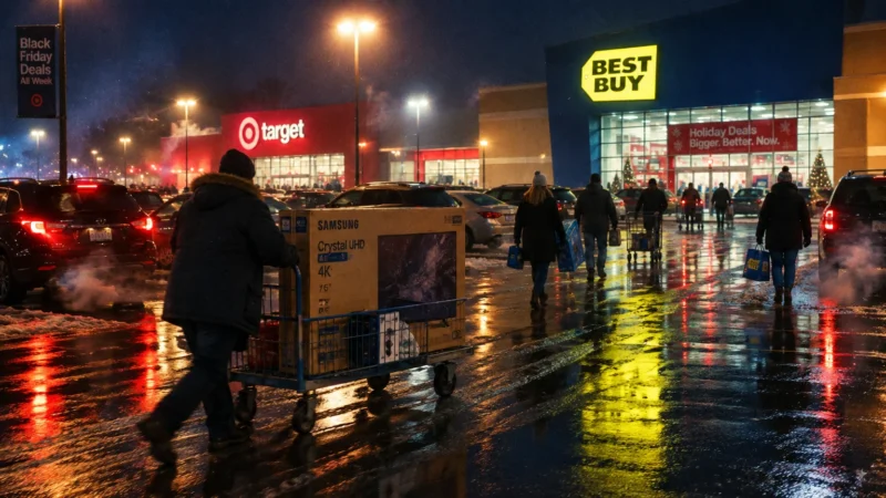 Shoppers push carts with large boxed electronics through a wet parking lot outside Target and Best Buy at night.