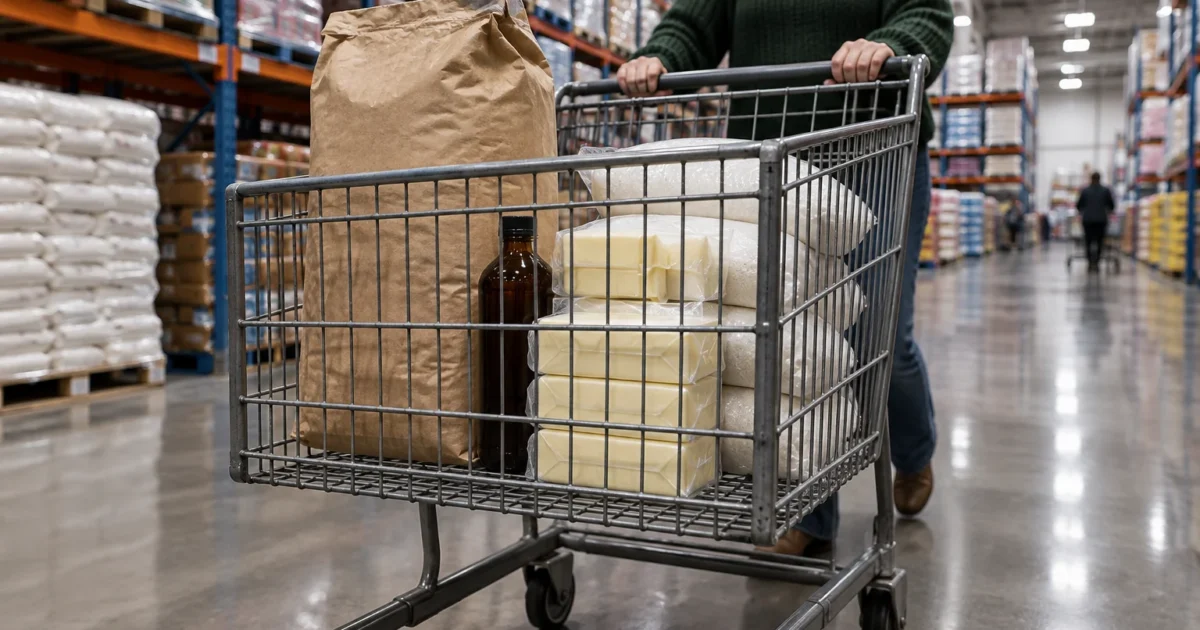 A shopper pushes a cart loaded with bulk flour, sugar bags, blocks of butter, and a bottle through a warehouse store.