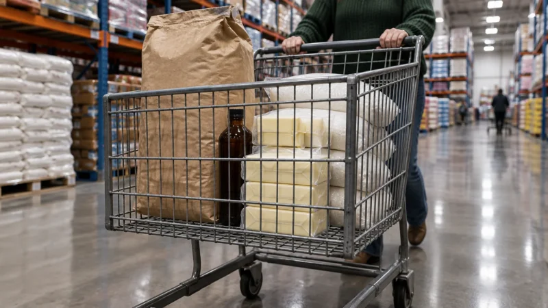 A shopper pushes a cart loaded with bulk flour, sugar bags, blocks of butter, and a bottle through a warehouse store.