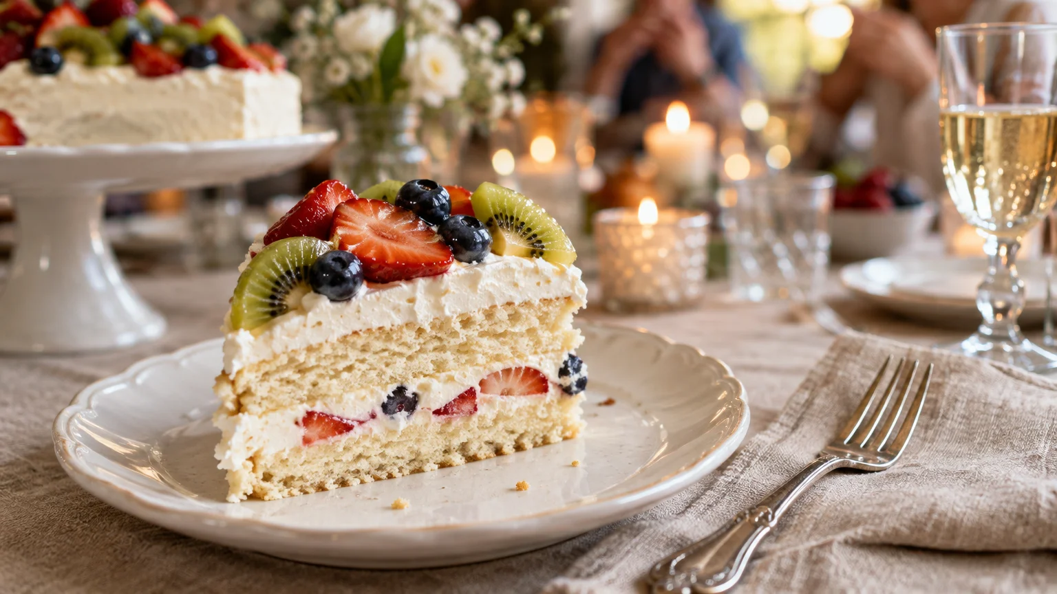 Slice of layered sponge cake filled with cream and topped with strawberries, blueberries, and kiwi slices on a plate.