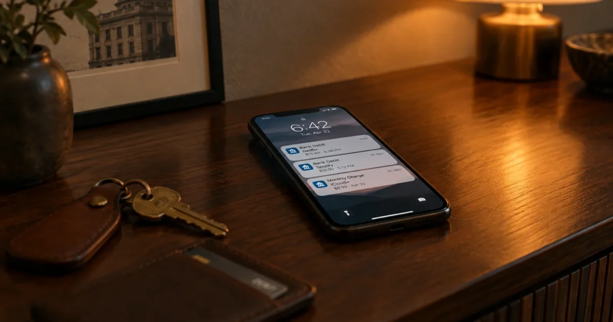 A smartphone on a wooden table displaying monthly debit notifications alongside keys, a wallet, and a lamp.