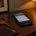 A smartphone on a wooden table displaying monthly debit notifications alongside keys, a wallet, and a lamp.