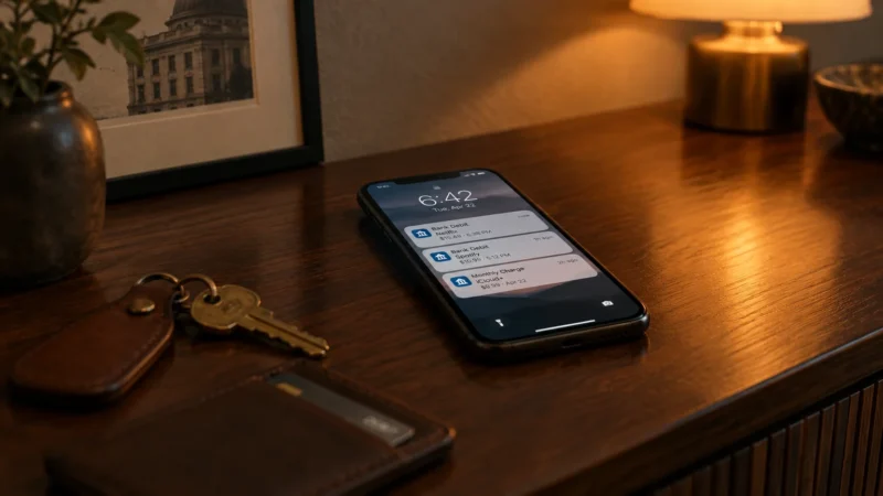 A smartphone on a wooden table displaying monthly debit notifications alongside keys, a wallet, and a lamp.