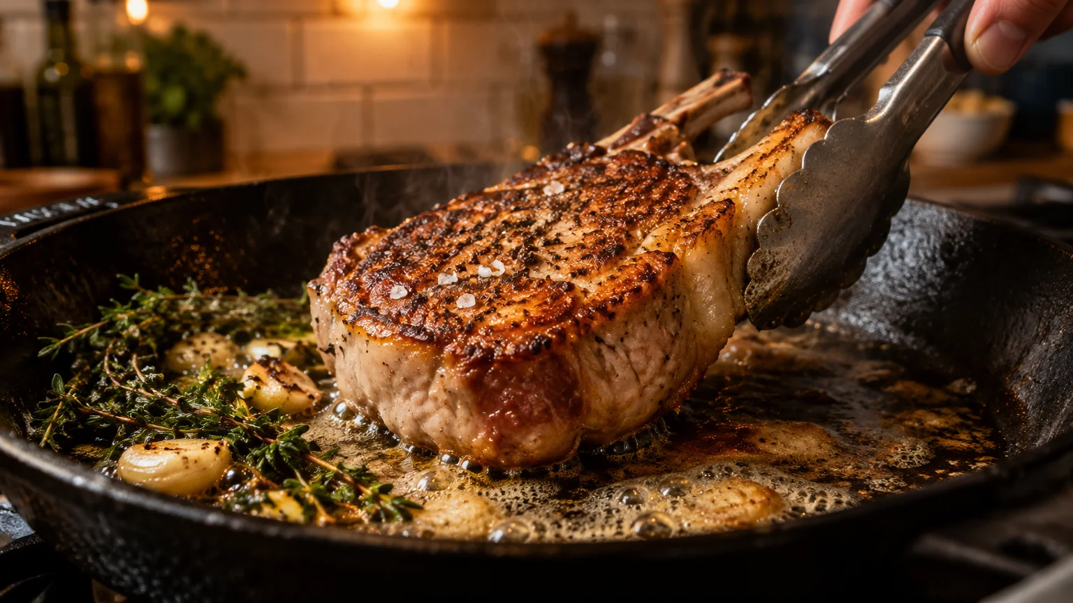 A thick bone-in pork chop searing in a bubbling cast-iron skillet with garlic cloves and fresh thyme, held with tongs.