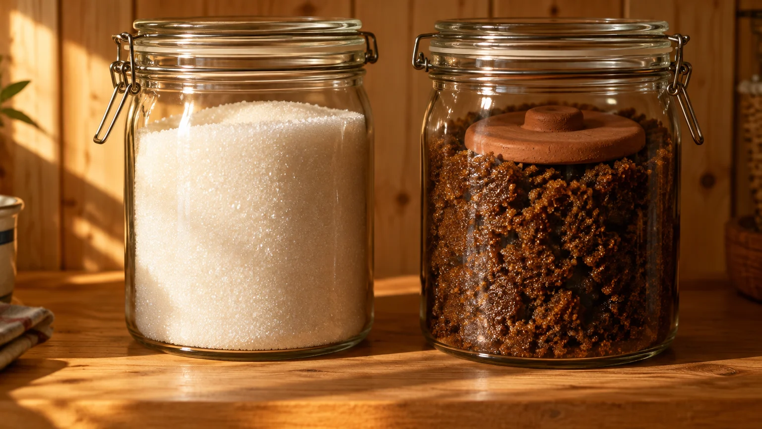 Two glass clamp jars holding granulated white sugar and dark brown sugar topped with a round terracotta disc.