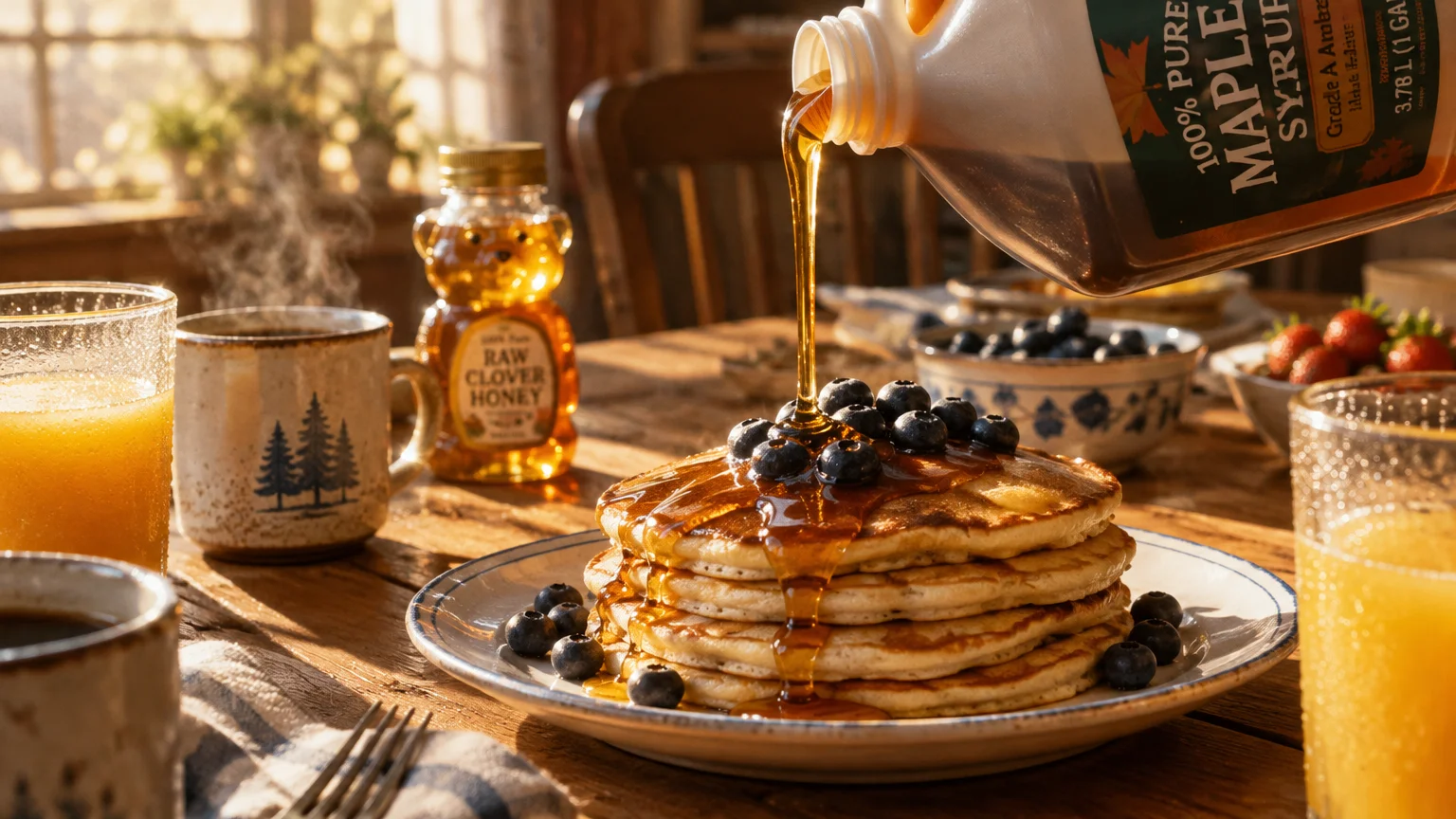 Syrup pouring from a jug onto a stack of blueberry pancakes on a wooden table beside a bear-shaped honey jar.
