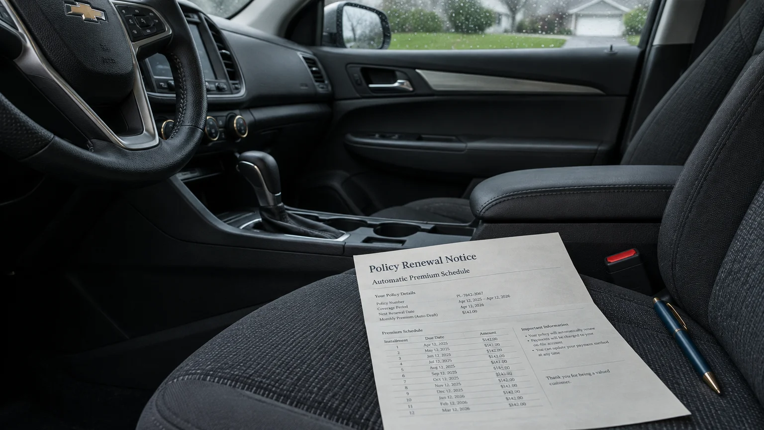 Car interior with a printed policy renewal notice and premium schedule resting on the passenger seat next to a pen.