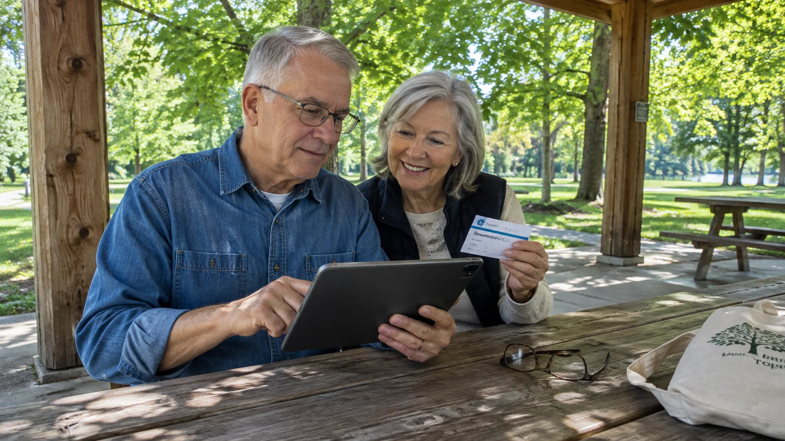 Older couple seated at a wooden picnic table under a park pavilion, looking at a digital tablet while holding a card.
