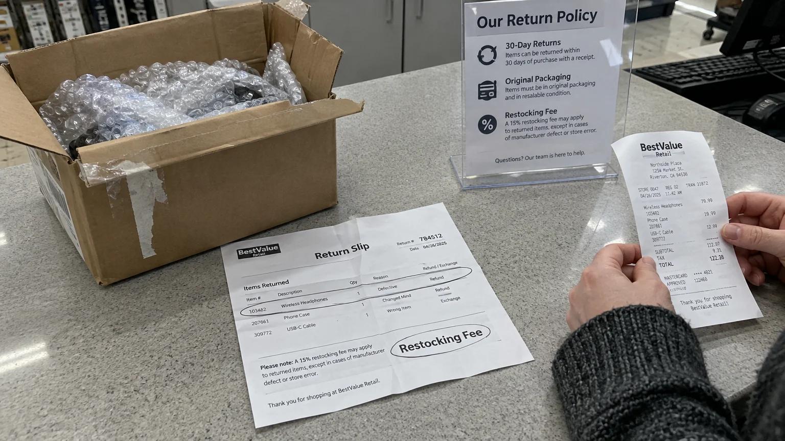Return slip and receipt on a counter next to an open cardboard box and a store return policy sign showing a restocking fee.