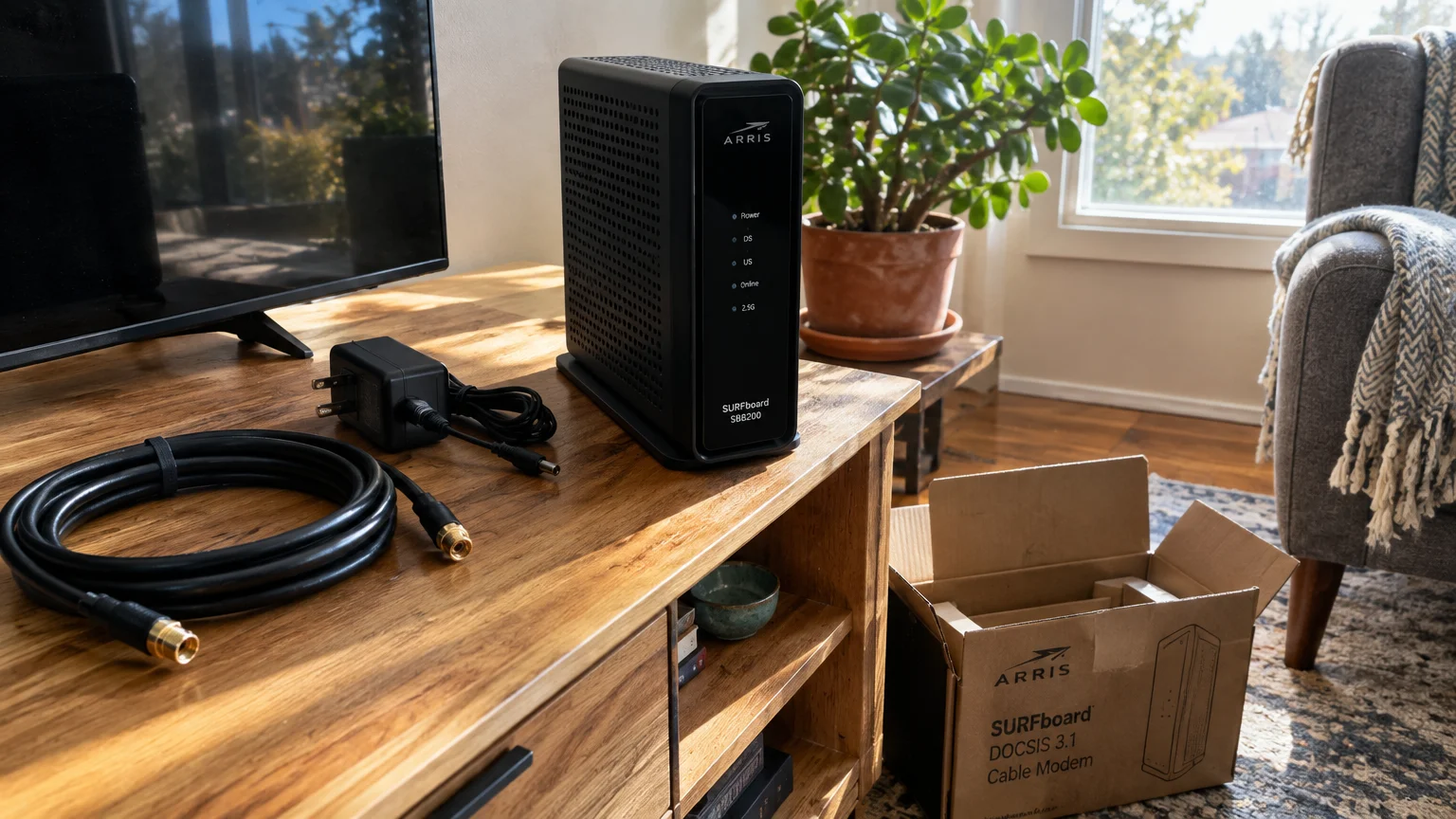 A black cable modem stands on a wooden console table next to a coaxial cable, power adapter, and cardboard box.