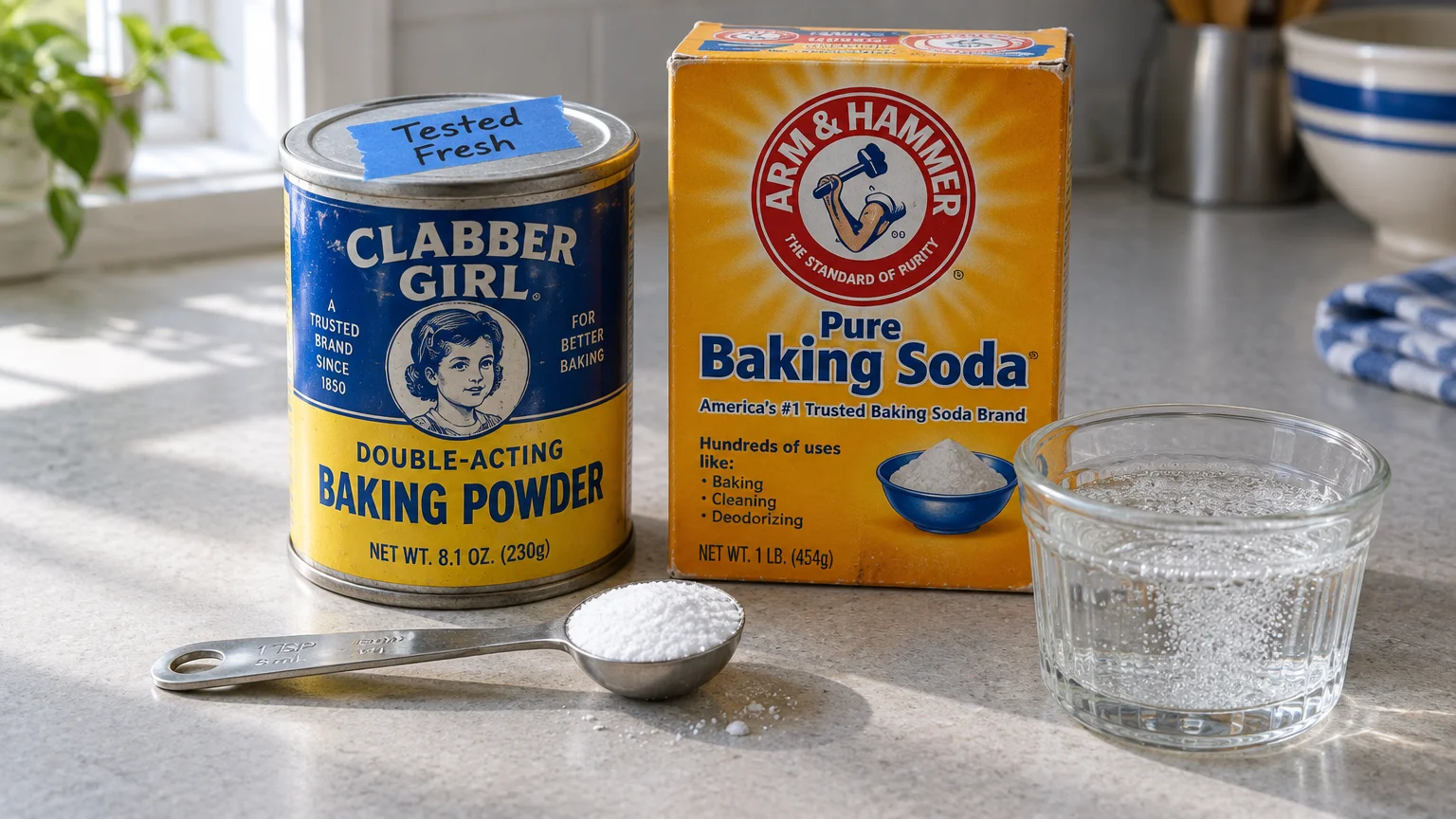 Can of baking powder, box of baking soda, measuring spoon filled with powder, and a small glass of bubbling water.