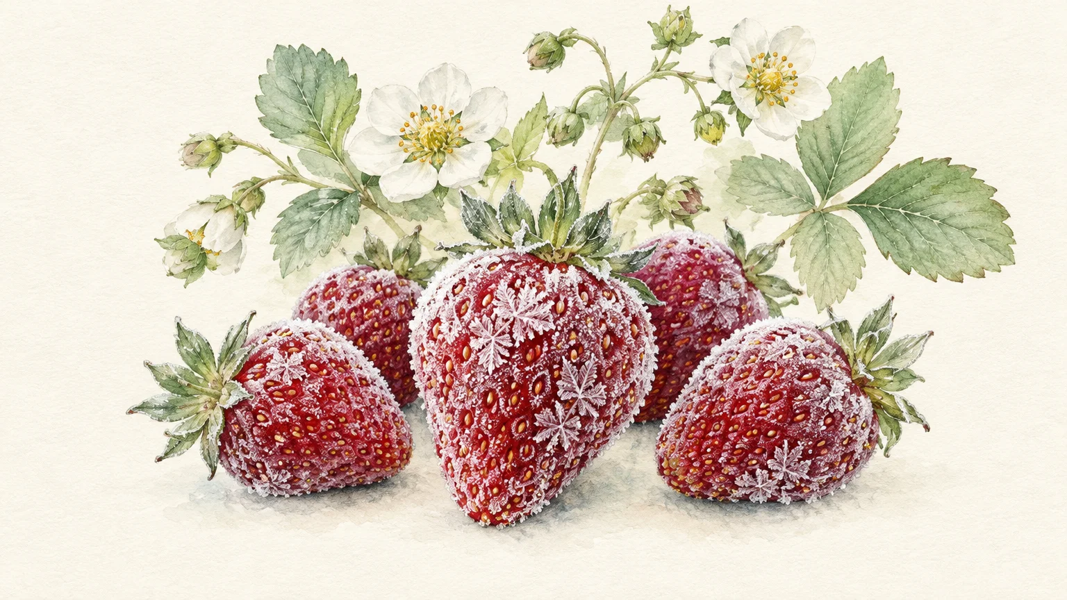 Botanical watercolor illustration of frosted red strawberries dusted with snowflakes, surrounded by green leaves and blossoms.