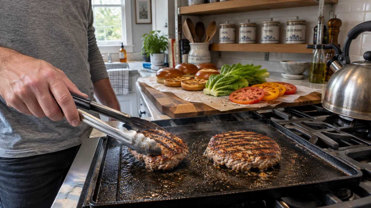 Tongs flip a grilled burger patty sizzling on a stovetop griddle beside toasted buns, lettuce, and sliced tomatoes.