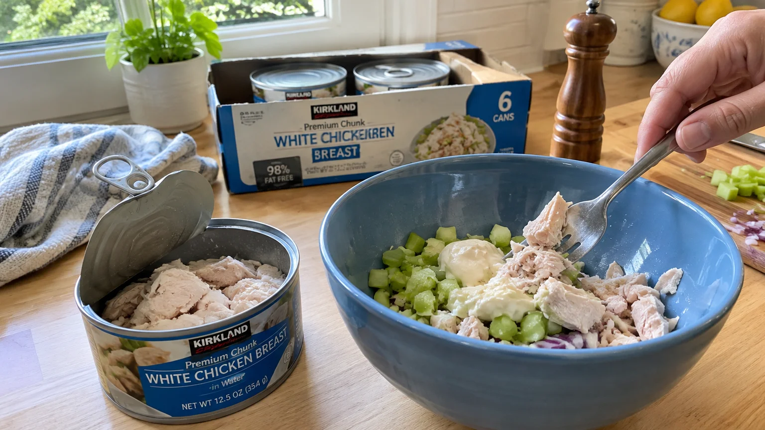Open can of Kirkland chicken breast next to a blue bowl mixing chicken salad with chopped celery and mayonnaise.