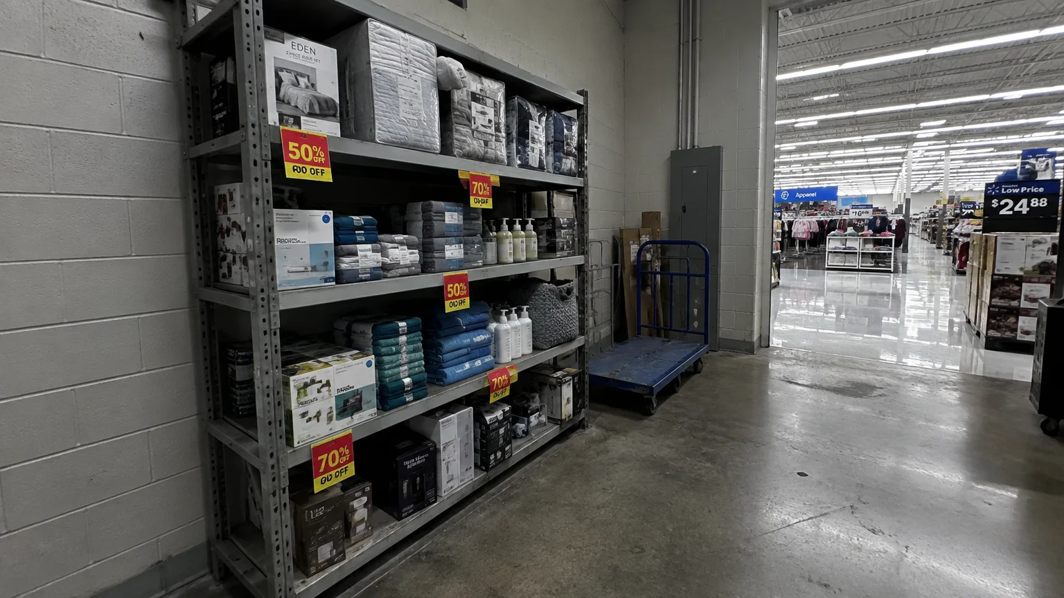 Metal shelving unit stocked with clearance household goods and marked with 50% and 70% off tags near a store doorway.