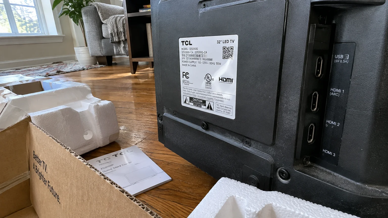 Close-up of input ports and product label on the back of an unboxed TCL television resting on a wood floor.