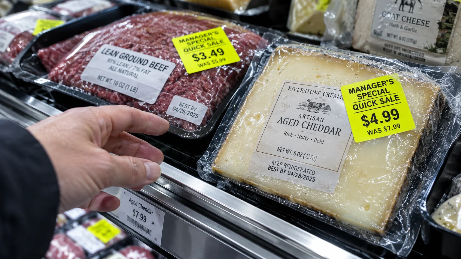 Hand reaching toward packaged ground beef and aged cheddar bearing bright yellow manager's special sale stickers.