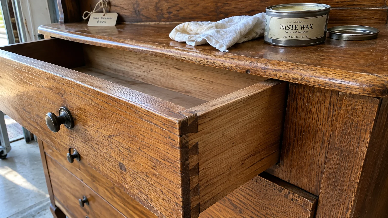 An open drawer of a vintage oak dresser showing dovetail joints at the corner, with wood paste wax on top.