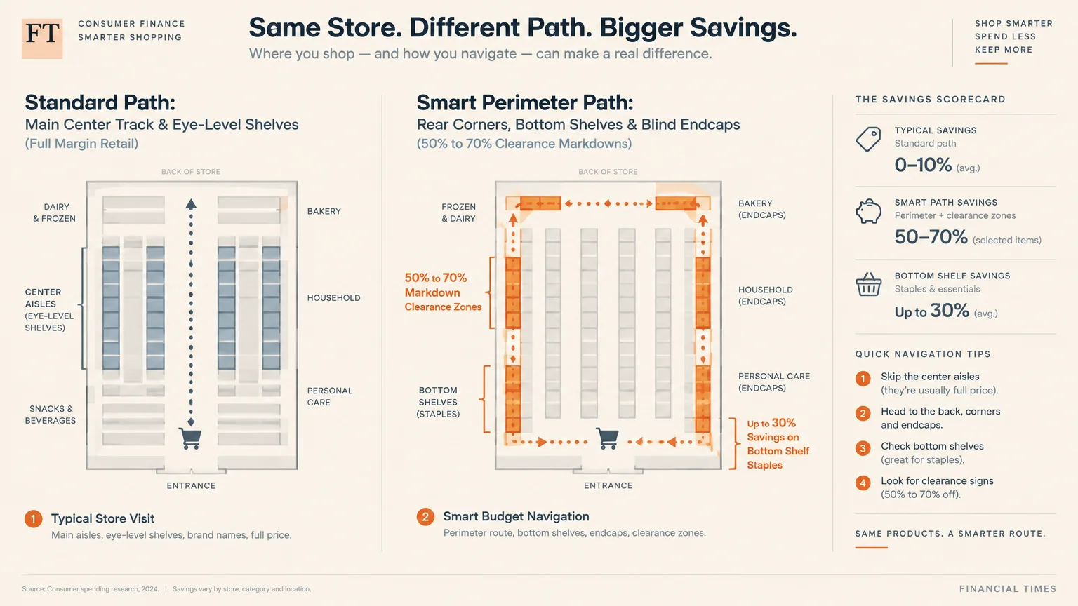 Diagram comparing a standard store floor path down center aisles with a smart perimeter shopping route highlighting savings.