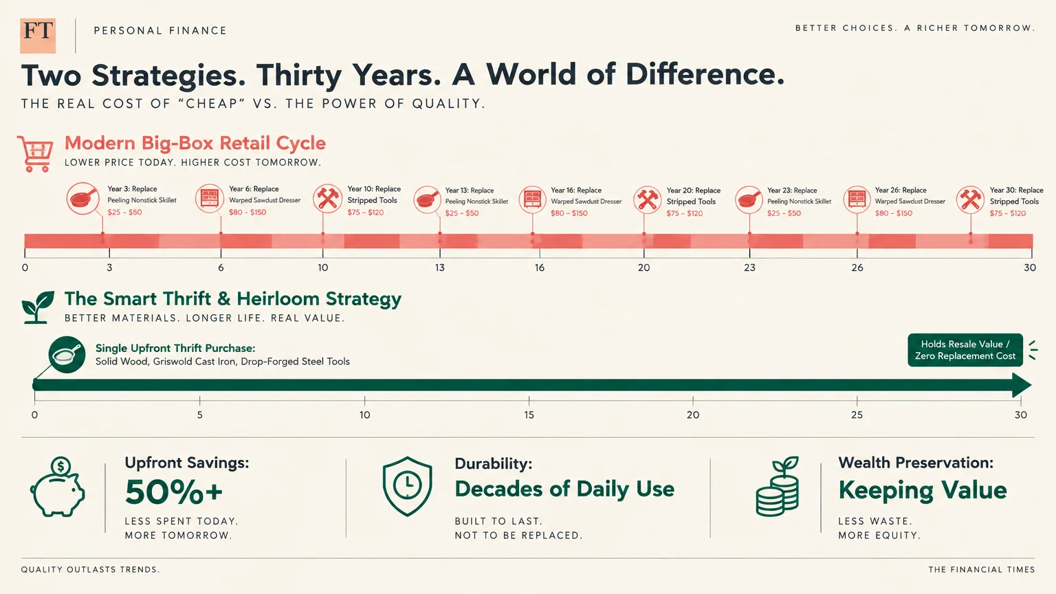 Timeline diagram contrasting repetitive costs of modern big-box items with a single thrift heirloom purchase over 30 years.