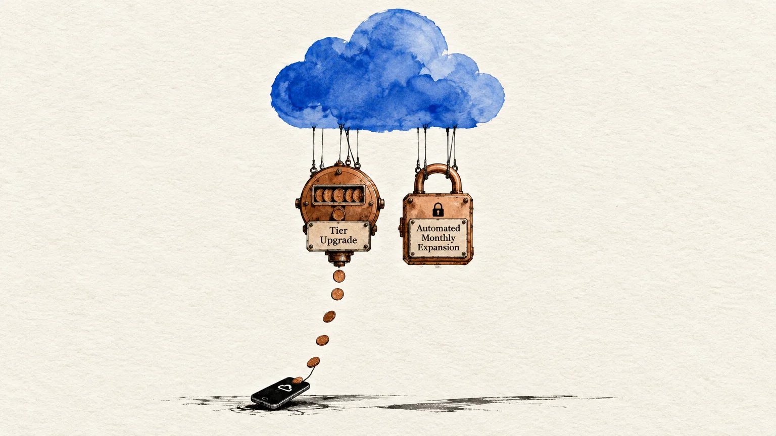 A blue cloud suspended with a Tier Upgrade meter dropping coins into a smartphone beside a padlock device.