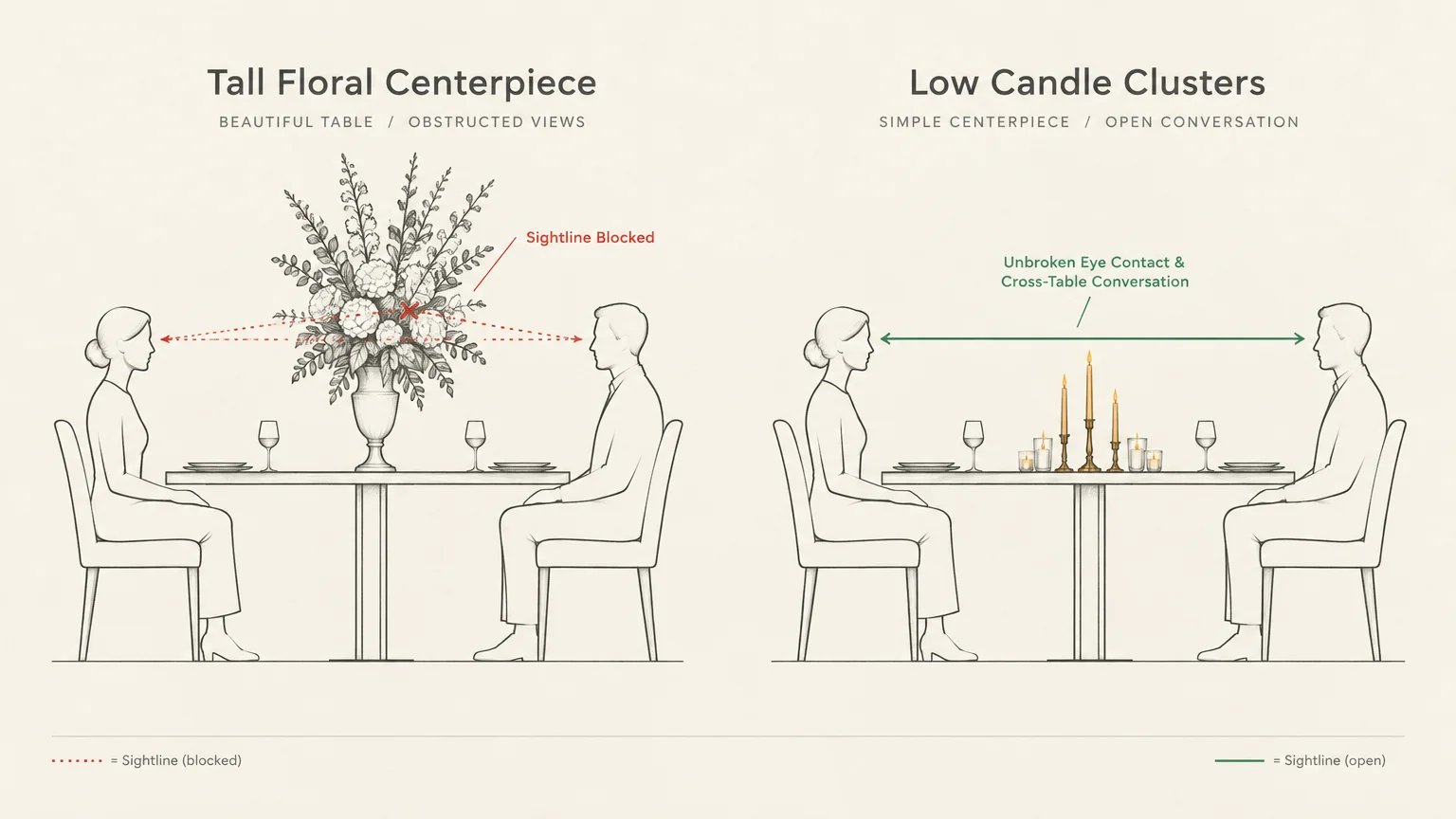 Diagram comparing dinner guests facing a tall flower arrangement blocking sightlines versus low candles offering open views.