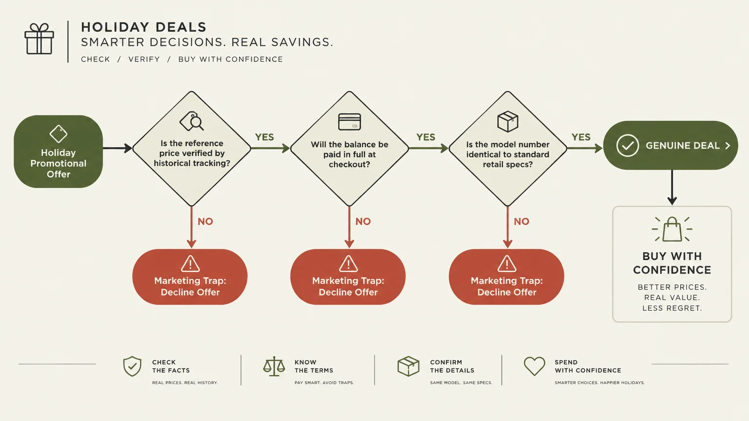 Flowchart diagram outlining decision steps to evaluate holiday promotional offers as genuine deals or marketing traps.