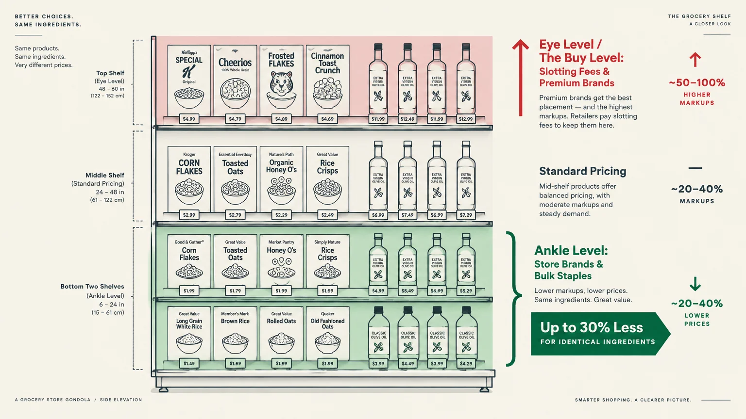 Diagram of grocery shelves comparing eye-level premium products to cheaper bottom-shelf store brands.