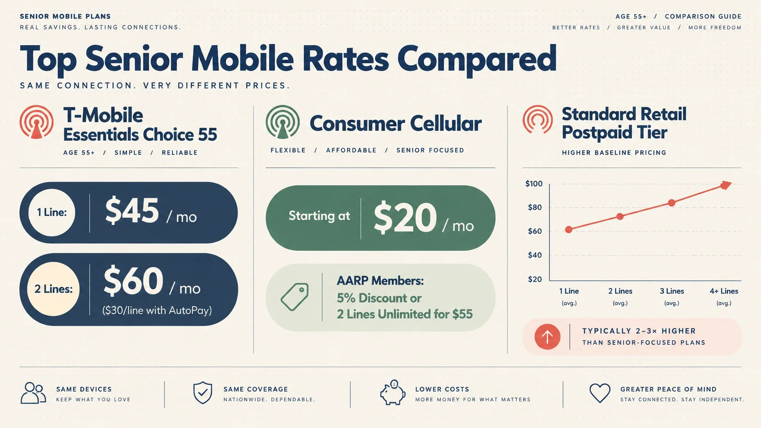 Infographic comparing senior mobile plan prices from T-Mobile and Consumer Cellular against standard retail postpaid tiers.