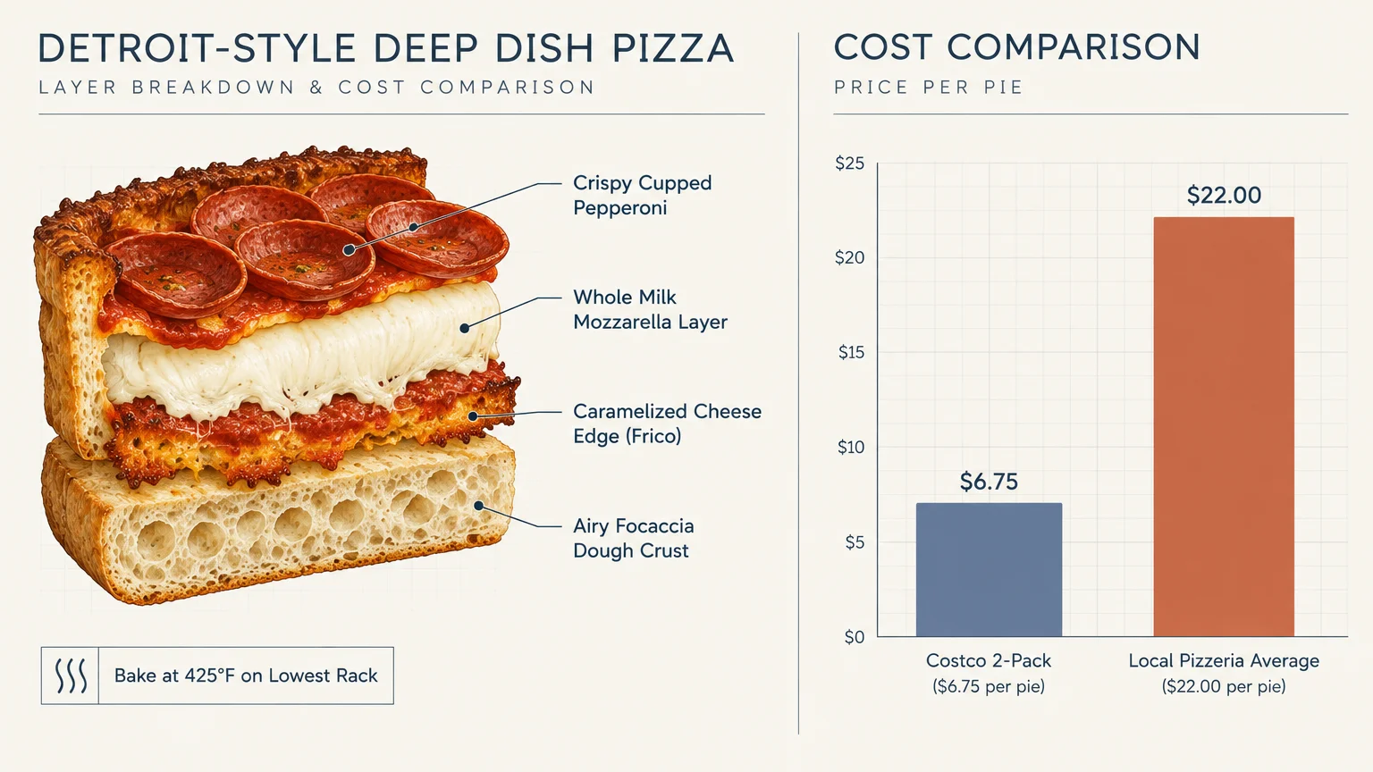Diagram of Detroit-style pizza layers next to a bar chart comparing Costco's $6.75 pie cost to a $22 pizzeria average.