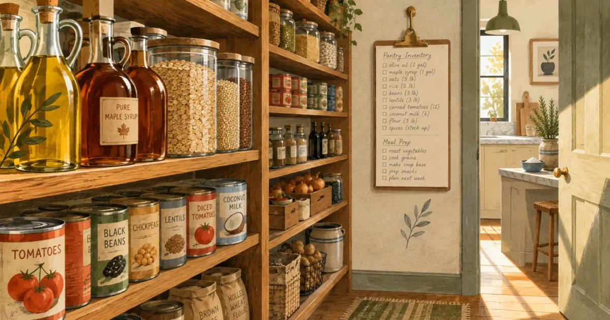Wooden pantry shelves stocked with bottled oils, jars of grains, and canned goods next to an inventory clipboard.