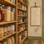 Wooden pantry shelves stocked with bottled oils, jars of grains, and canned goods next to an inventory clipboard.