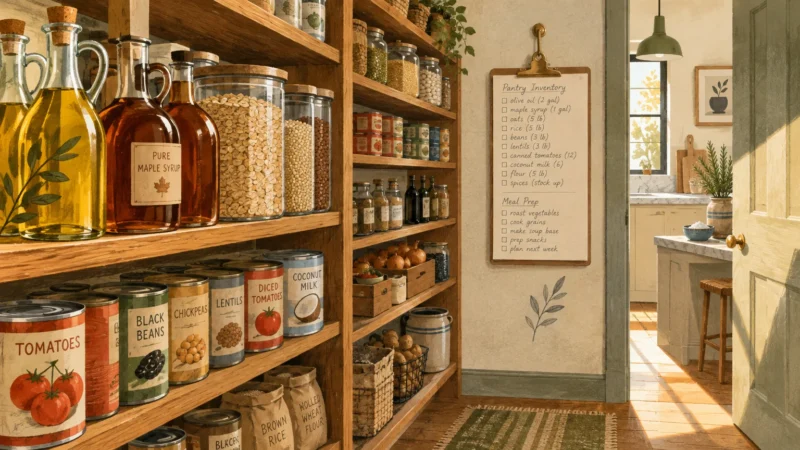 Wooden pantry shelves stocked with bottled oils, jars of grains, and canned goods next to an inventory clipboard.