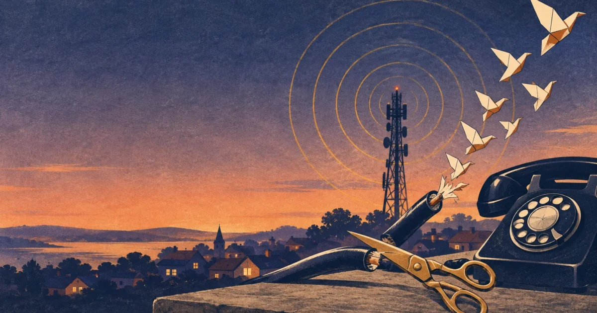 Scissors cut a cable releasing origami birds next to a rotary telephone and a cell tower at dusk.