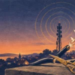 Scissors cut a cable releasing origami birds next to a rotary telephone and a cell tower at dusk.