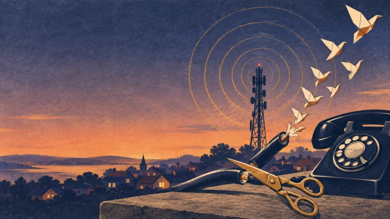 Scissors cut a cable releasing origami birds next to a rotary telephone and a cell tower at dusk.
