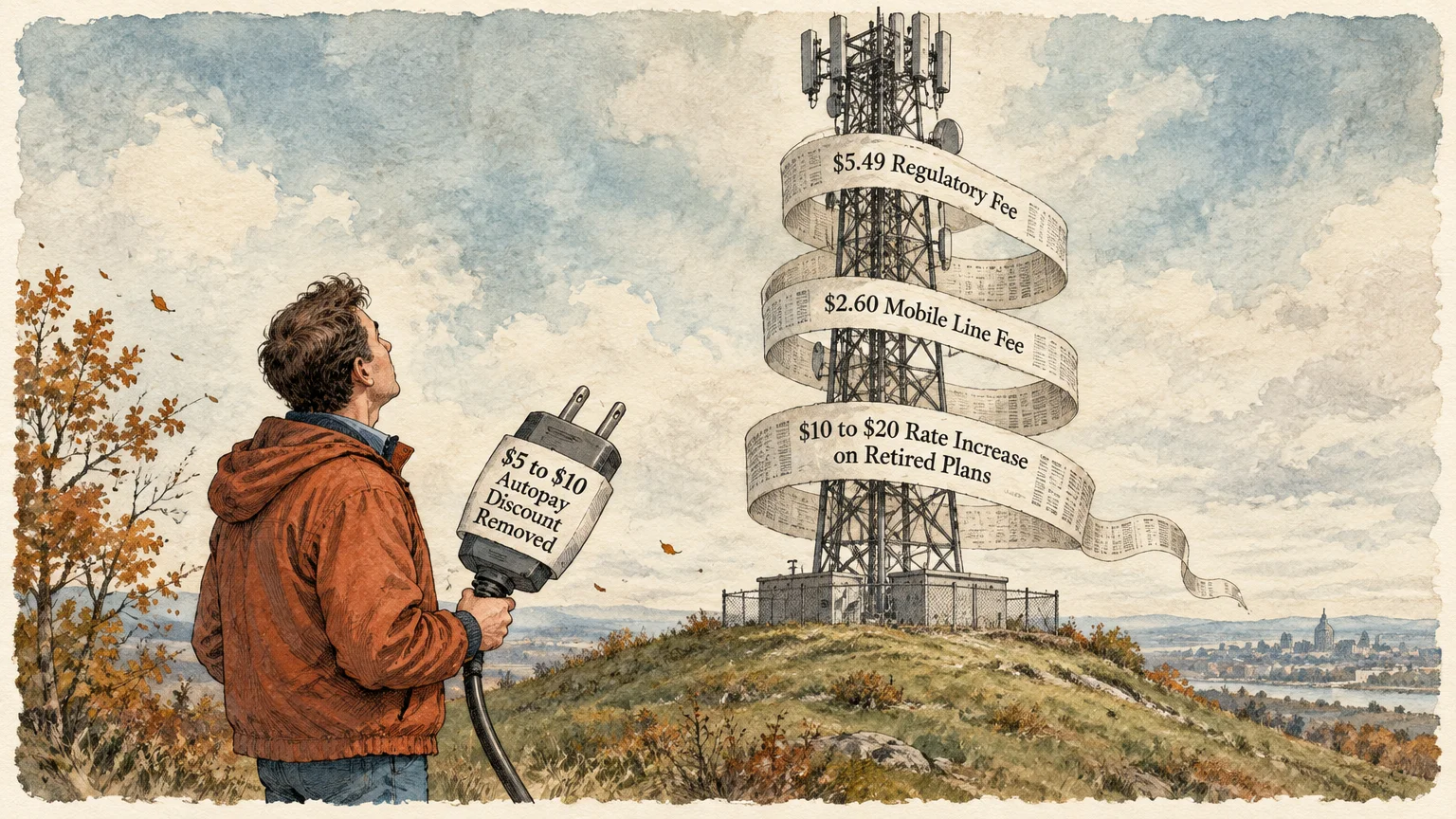 Illustration of a man holding an unplugged electrical cord facing a cell tower wrapped in a bill showing rising fees.