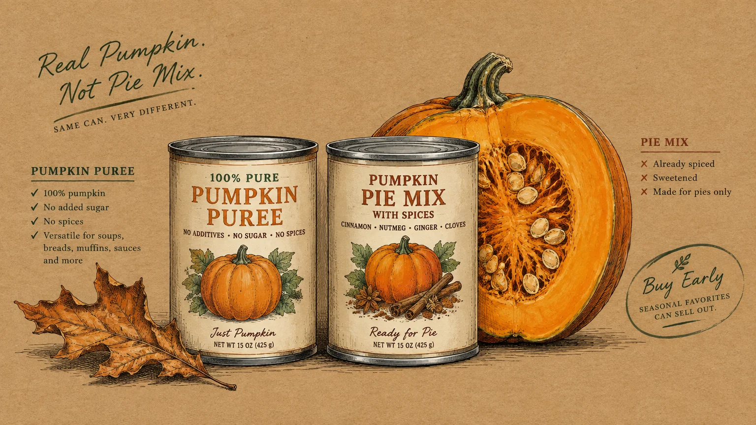 Illustration of canned pumpkin puree and pumpkin pie mix beside a sliced pumpkin and an autumn leaf on kraft paper.