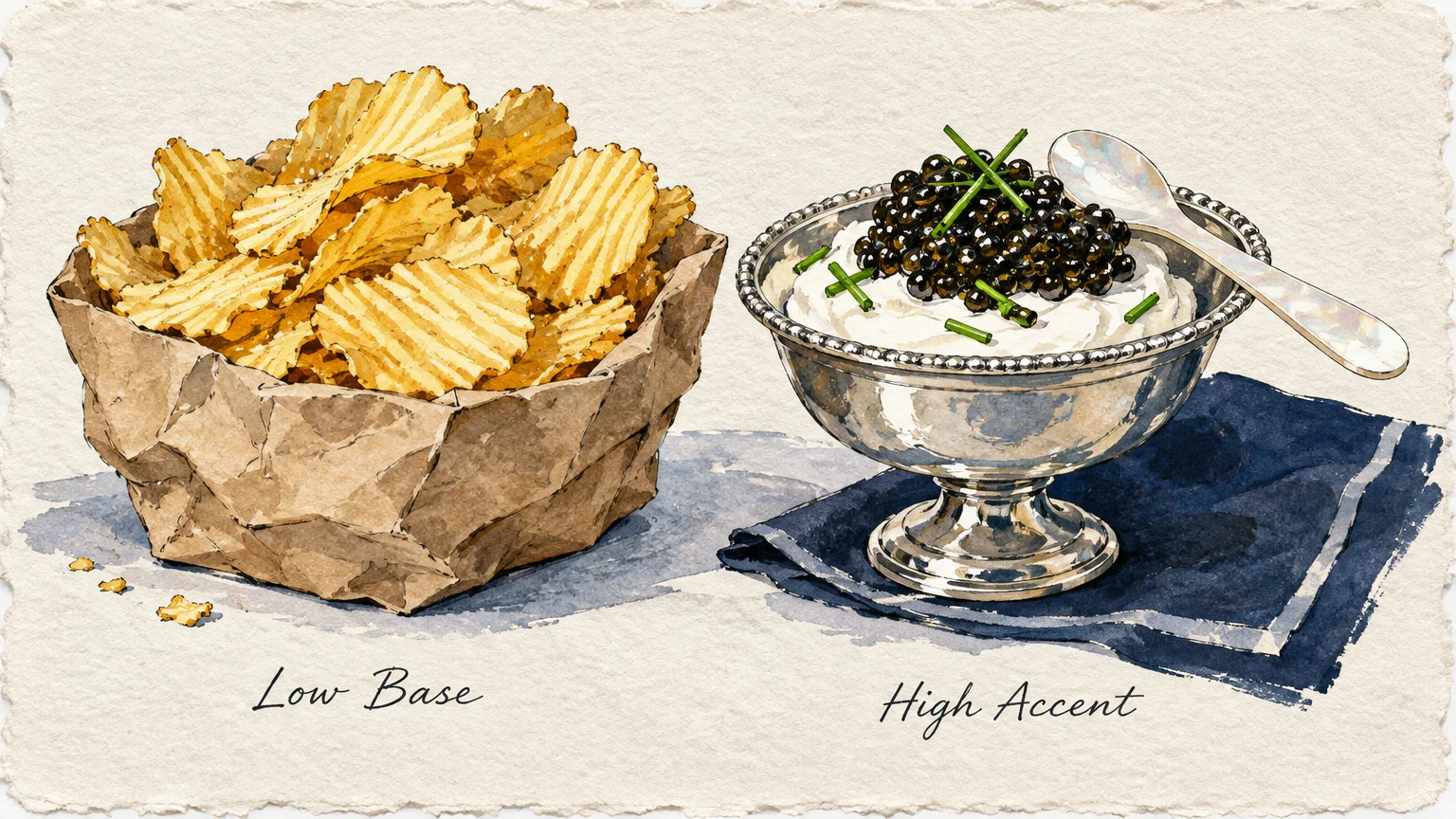 Watercolor illustration of ruffled potato chips in a paper bag beside caviar atop cream in a silver footed dish.