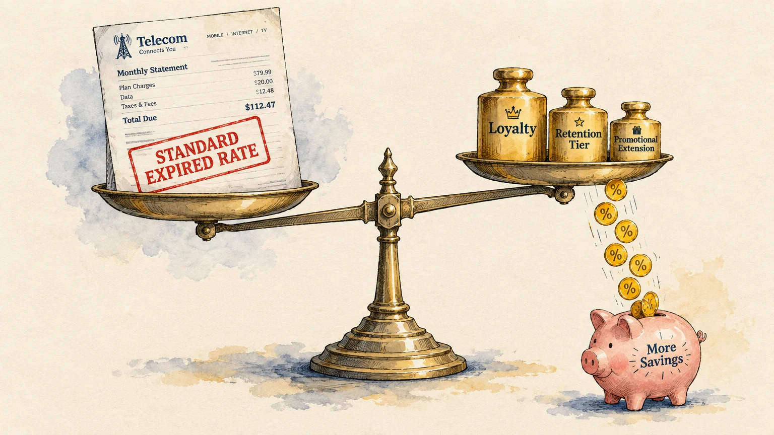 Illustration of a scale balancing an expired telecom bill against weights labeled loyalty, retention tier, and promo extension.