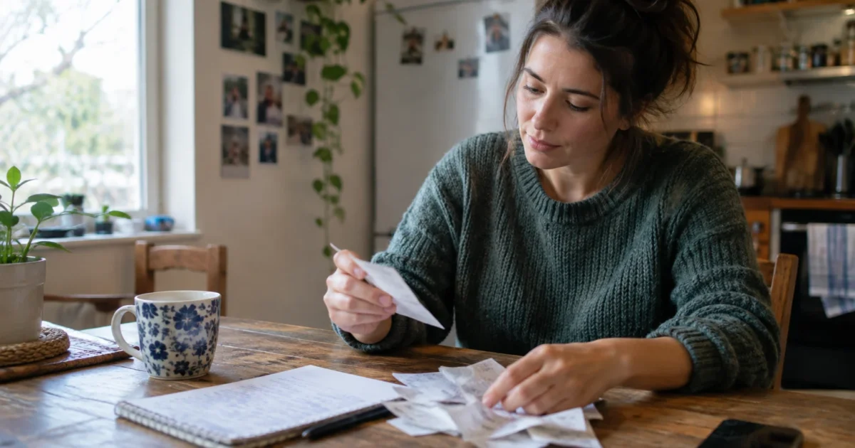 A woman in a green sweater sits at a wooden table reviewing receipts alongside a notebook and coffee mug.