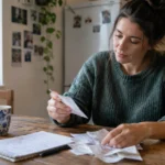 A woman in a green sweater sits at a wooden table reviewing receipts alongside a notebook and coffee mug.