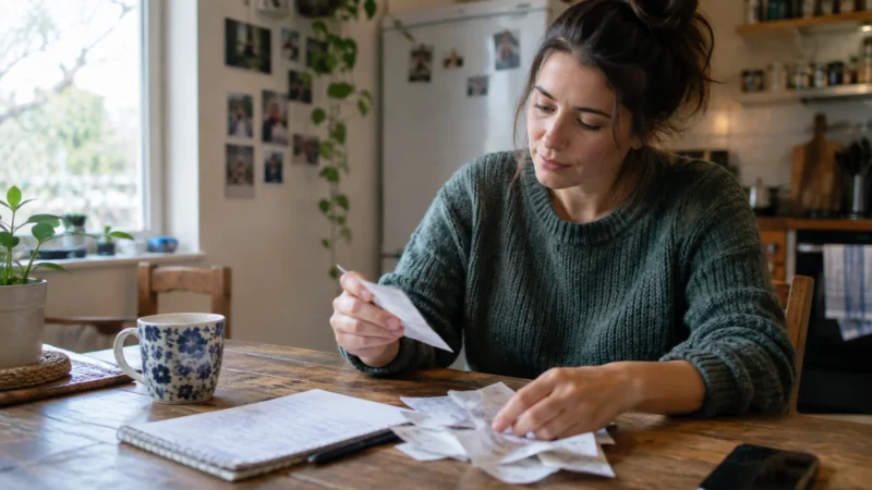 A woman in a green sweater sits at a wooden table reviewing receipts alongside a notebook and coffee mug.
