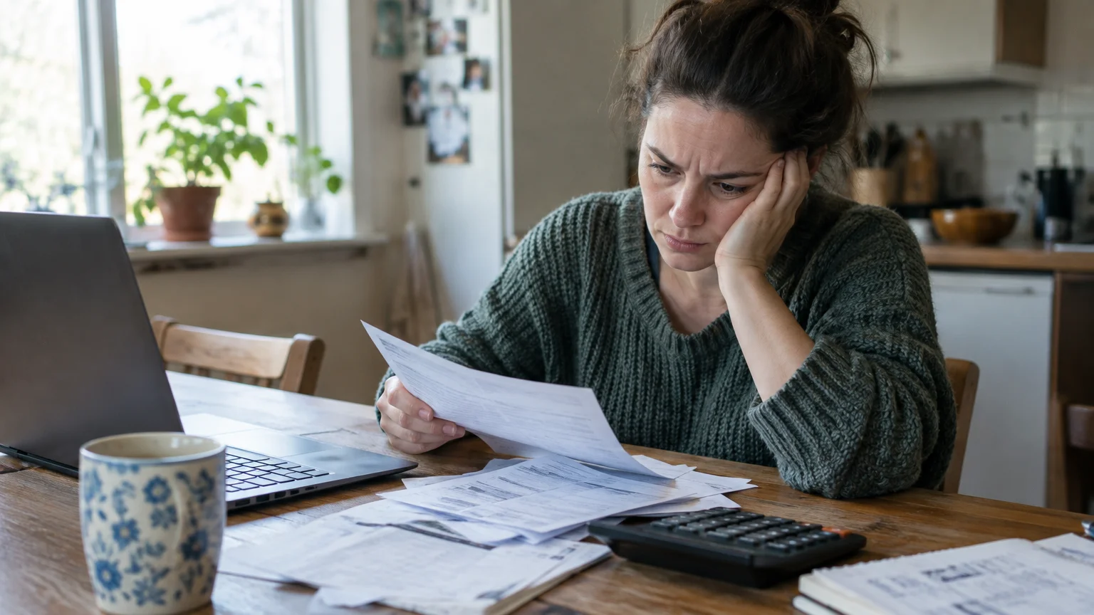 A stressed woman sits at a wooden kitchen table reviewing paper bills beside a laptop and calculator.