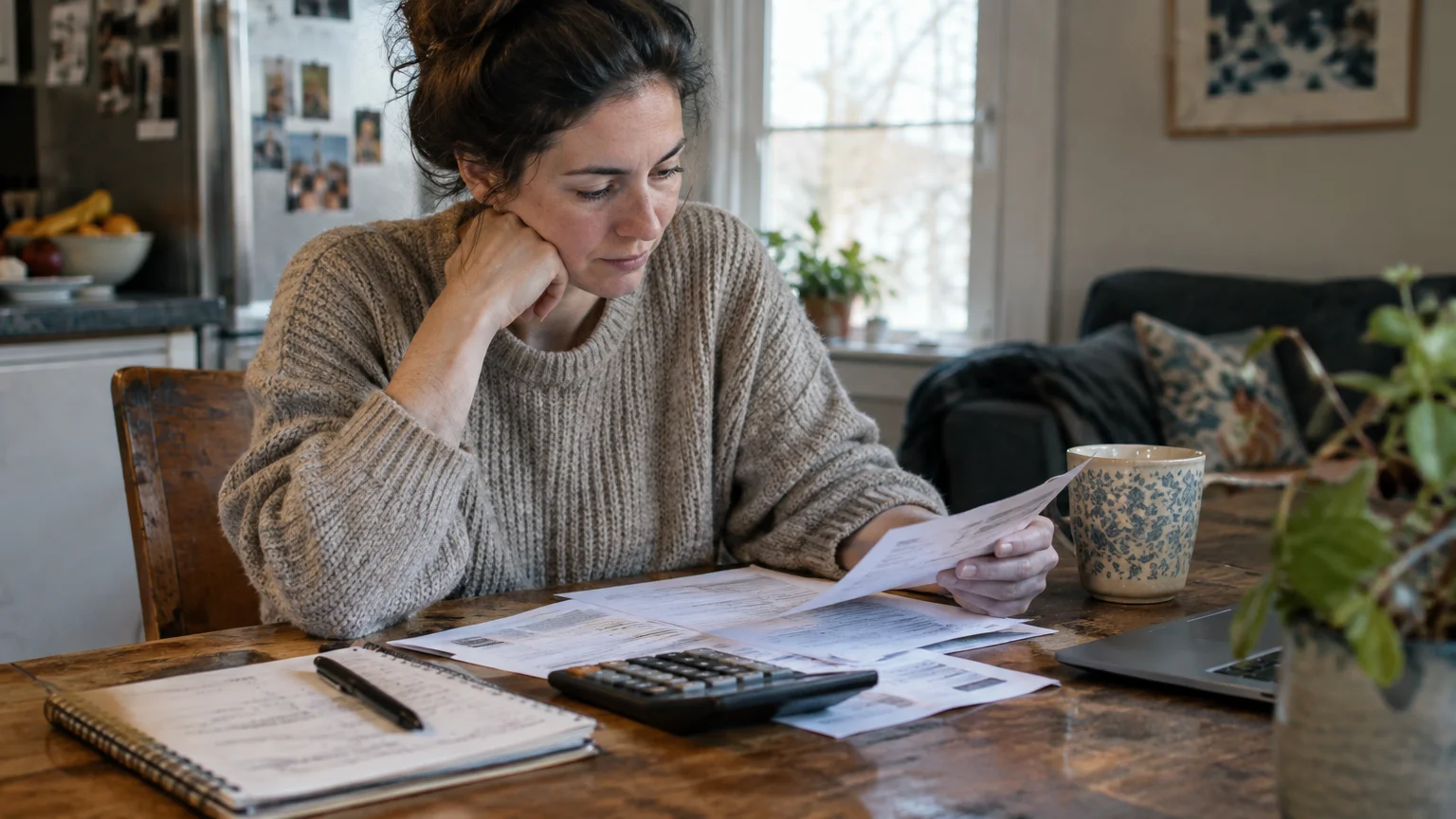 A woman sitting at a dining table review paperwork and bills with a calculator, notepad, and laptop nearby.