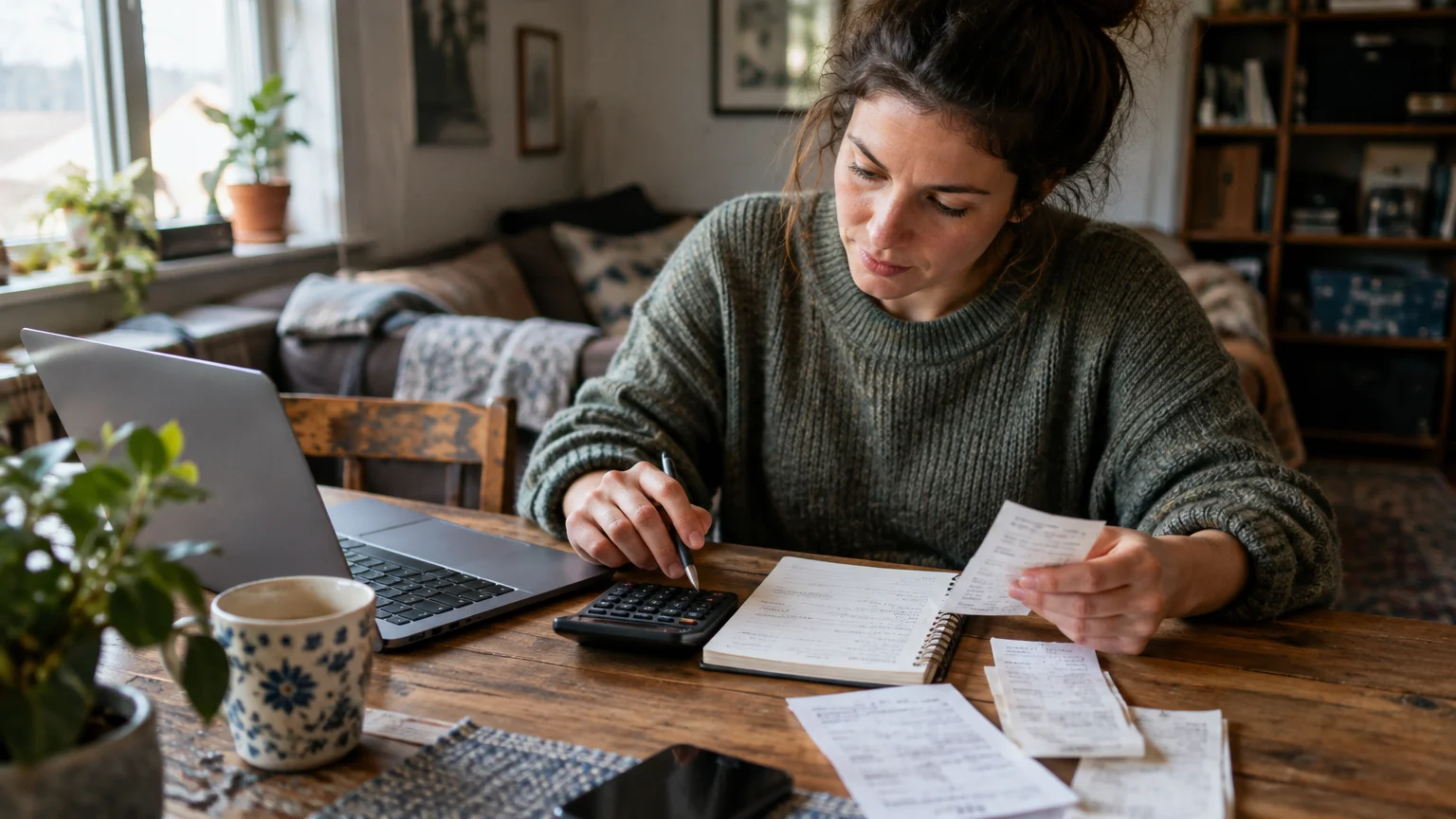 A woman sits at a wooden table using a calculator, laptop, and notebook while reviewing paper receipts.
