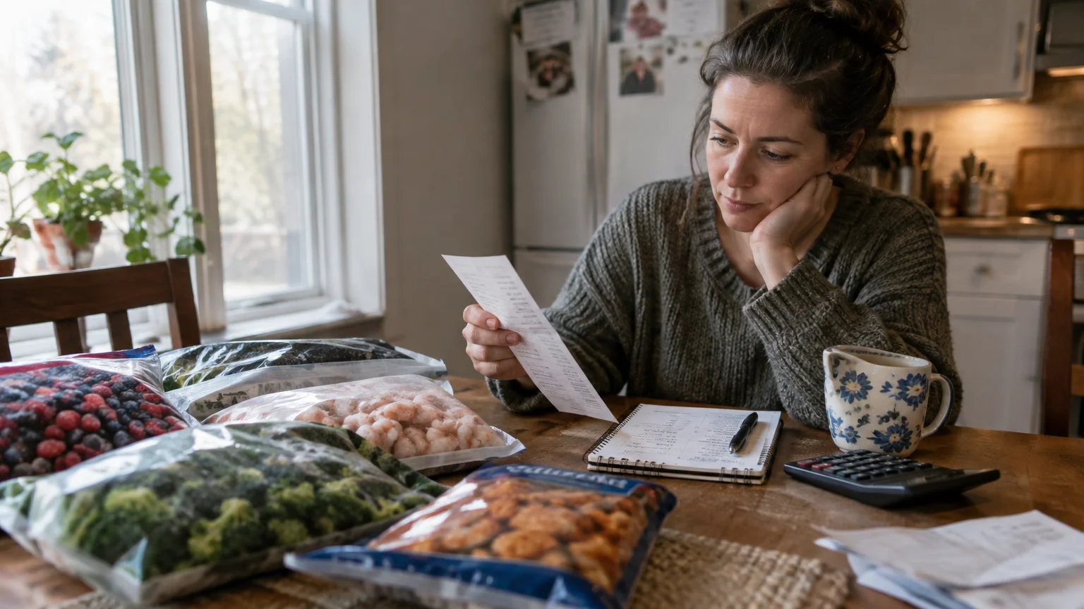A woman sitting at a kitchen table looking at a receipt beside bags of frozen groceries, a notepad, and a calculator.
