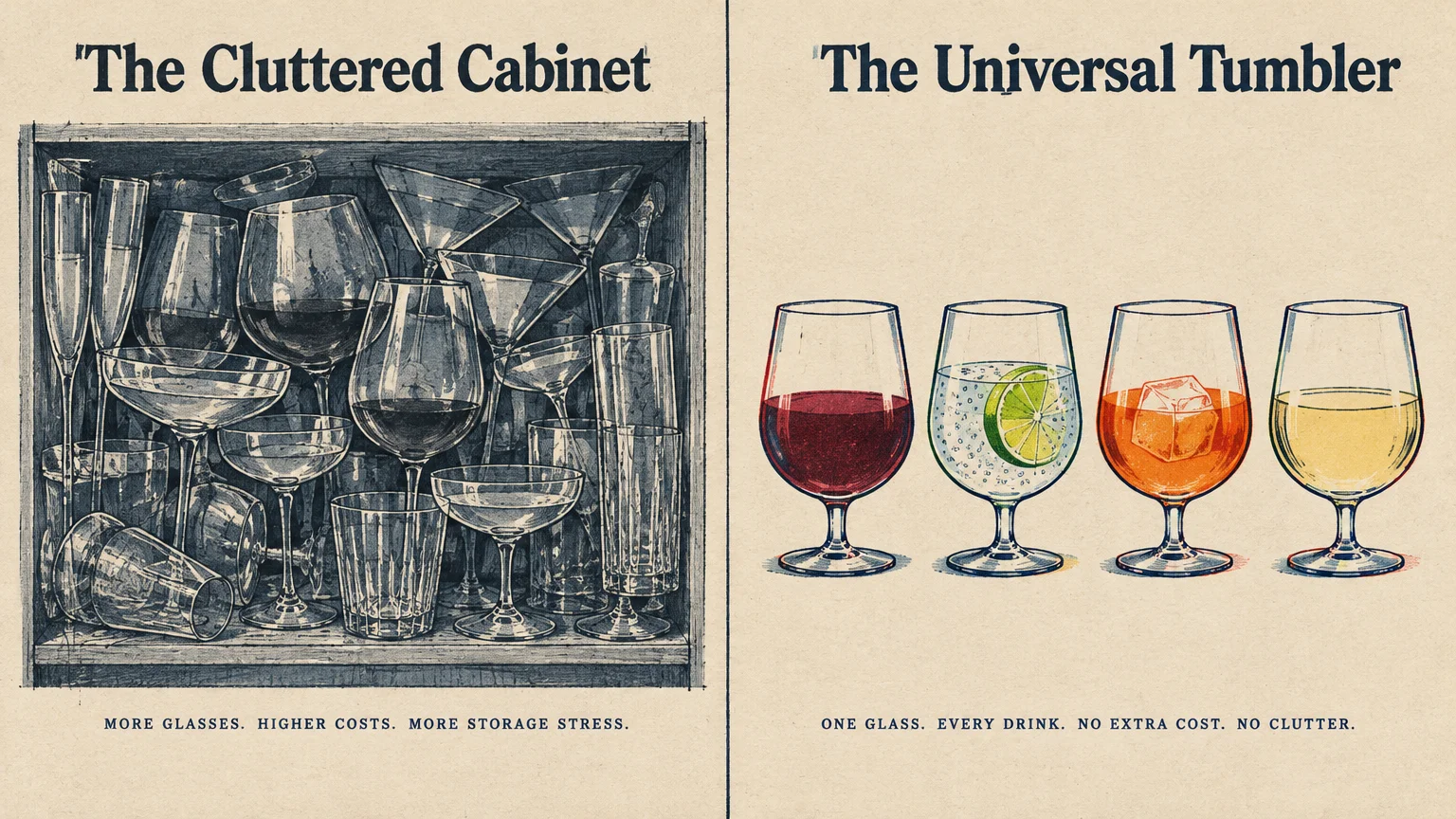 Split illustration contrasting a cluttered cabinet of various glasses with four identical glasses holding different drinks.