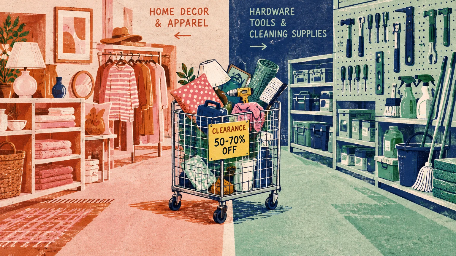 Illustration of a clearance cart parked on the line between a home decor department and a hardware department.