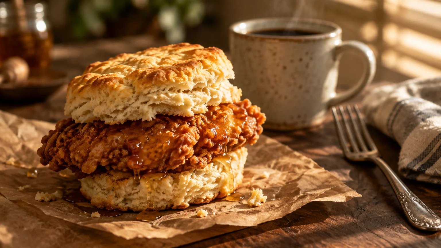 A fried chicken biscuit sandwich drizzled with honey sits on brown paper next to a steaming mug of black coffee.